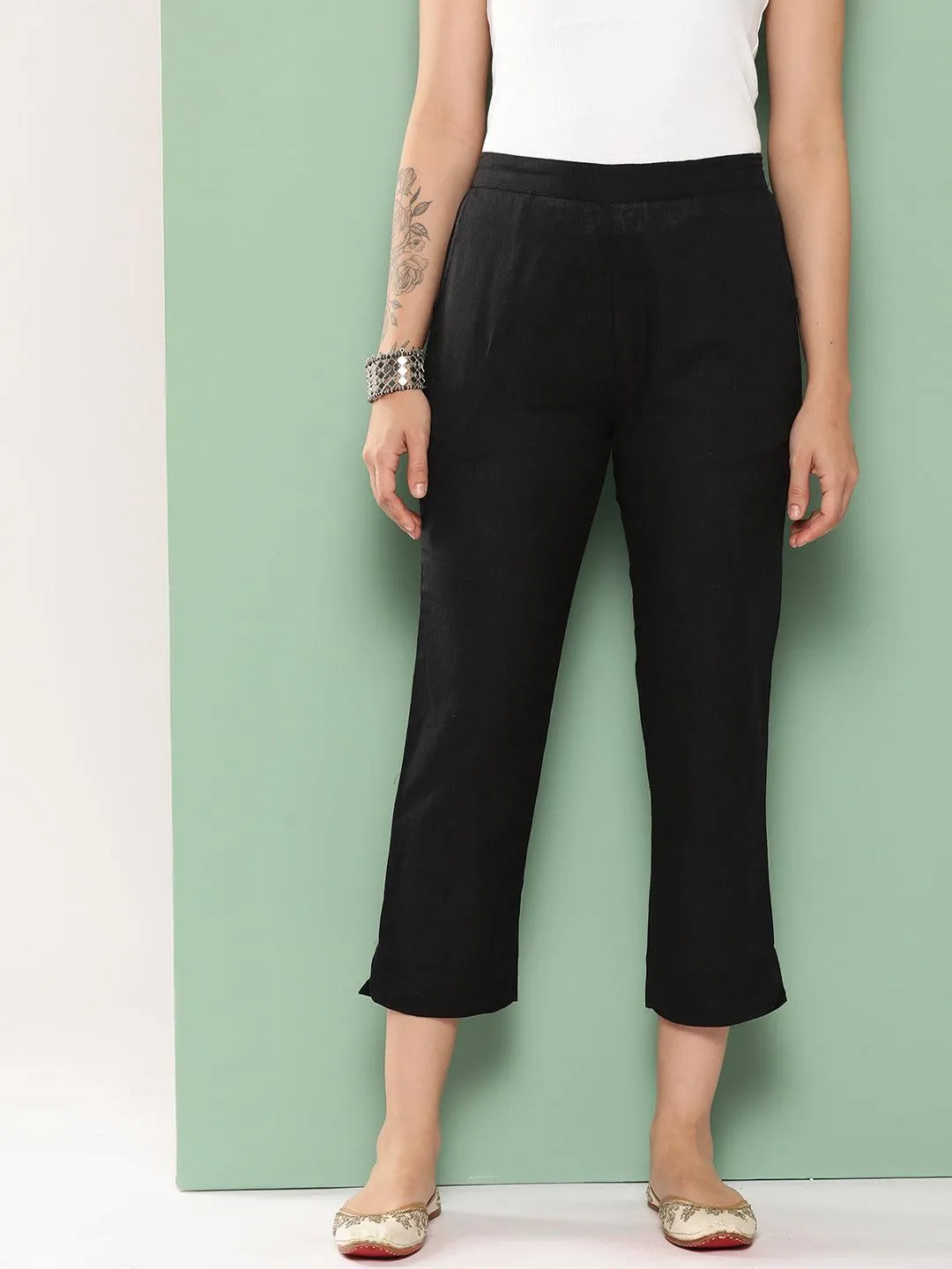 Black Solid Cotton Trousers