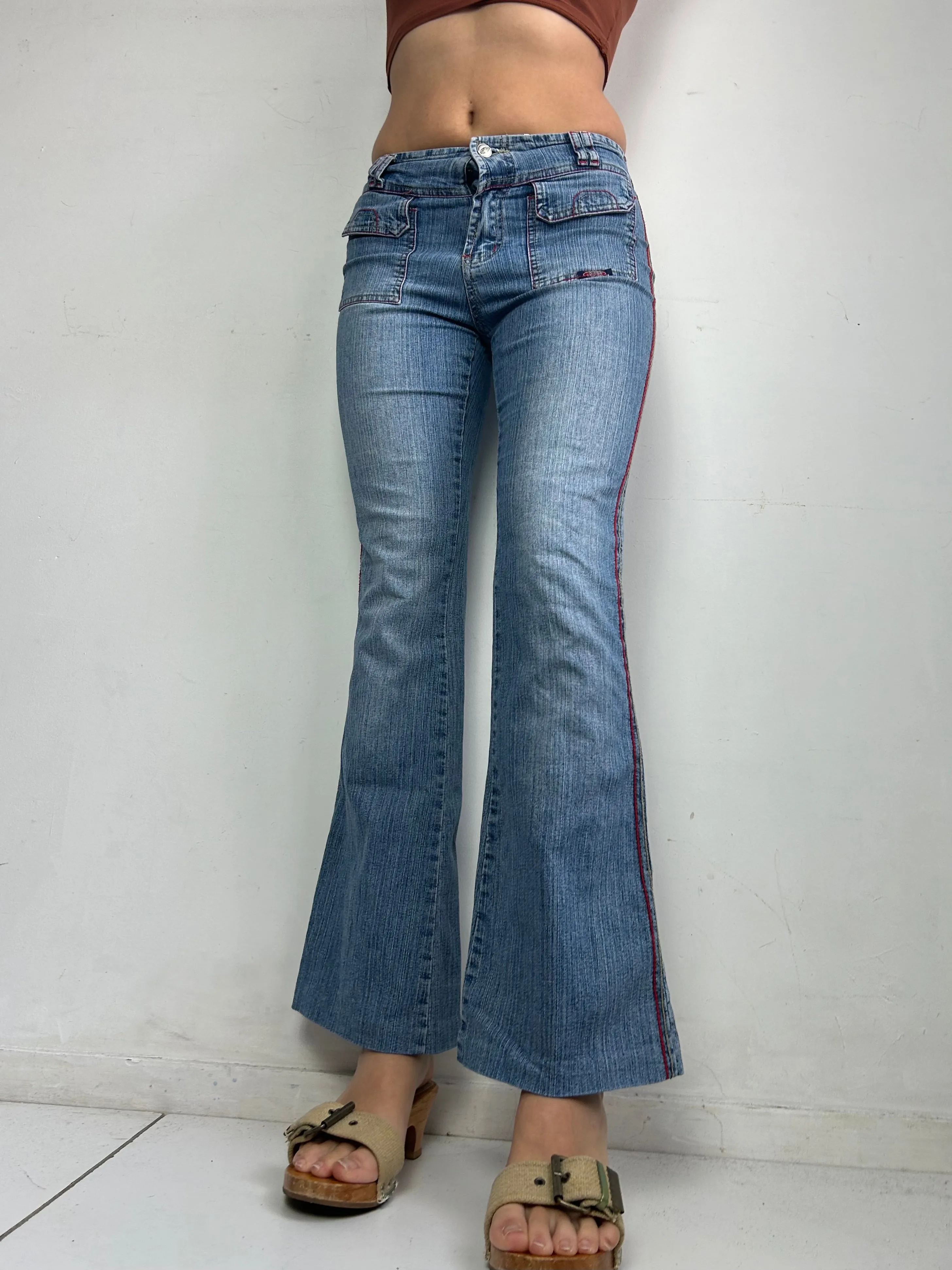 Blue denim low waist flare bootcut pants (S)