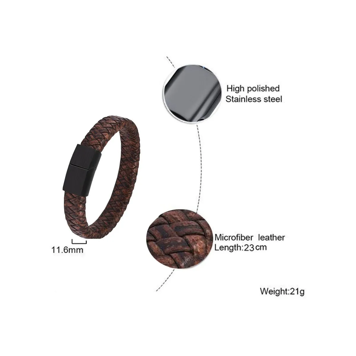 Braided Brown Leather Black Stainless Steel Wrist Band Bracelet Men