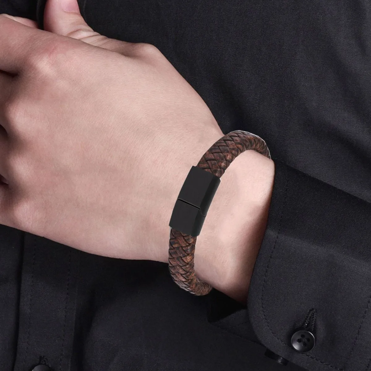 Braided Brown Leather Black Stainless Steel Wrist Band Bracelet Men