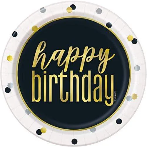 Dots Birthday Party Supplies - Black, White, Metallic Gold Dot Confetti Paper Dessert Plates and Beverage Napkins (Serves 16)