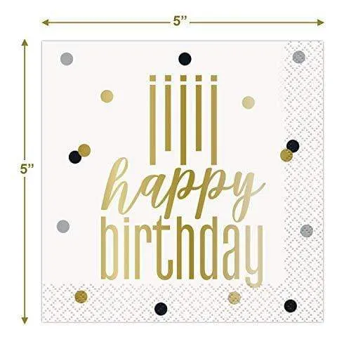 Dots Birthday Party Supplies - Black, White, Metallic Gold Dot Confetti Paper Dessert Plates and Beverage Napkins (Serves 16)