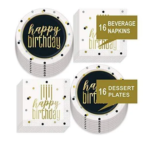 Dots Birthday Party Supplies - Black, White, Metallic Gold Dot Confetti Paper Dessert Plates and Beverage Napkins (Serves 16)