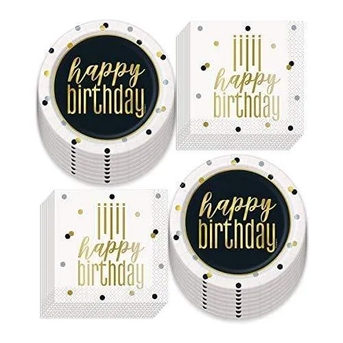 Dots Birthday Party Supplies - Black, White, Metallic Gold Dot Confetti Paper Dessert Plates and Beverage Napkins (Serves 16)