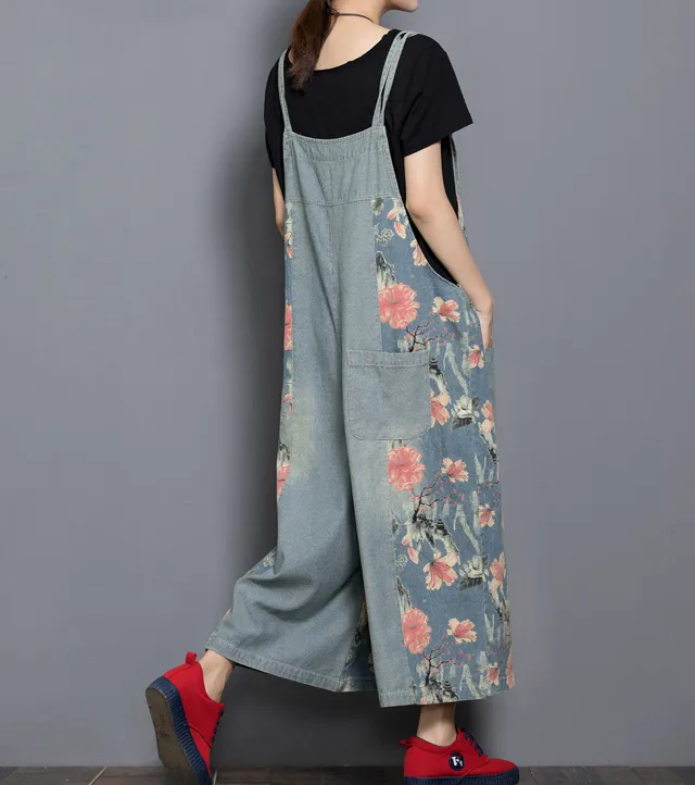 Floral Loose Denim Casual Spring Denim Overall Women Jumpsuits QY14