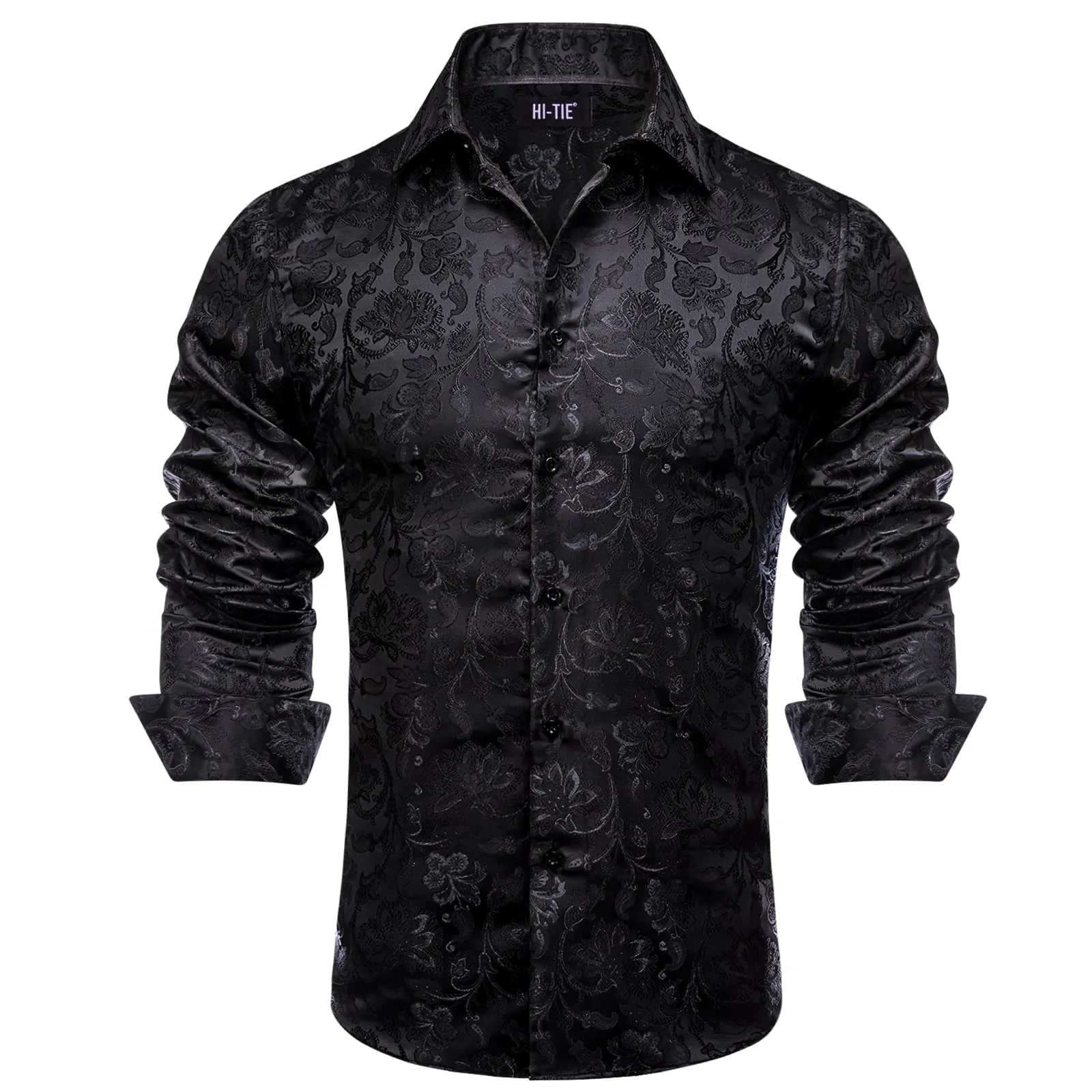 Hi-Tie Black Floral Top Jacquard Men's Long Sleeve Shirt for Business