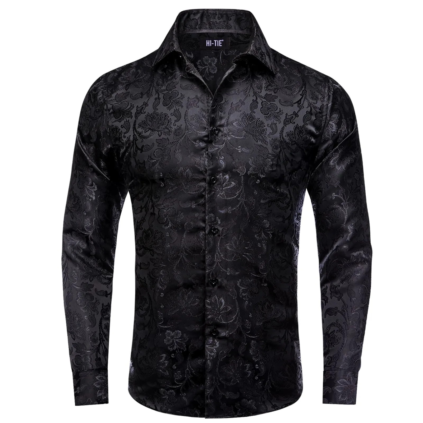 Hi-Tie Black Floral Top Jacquard Men's Long Sleeve Shirt for Business