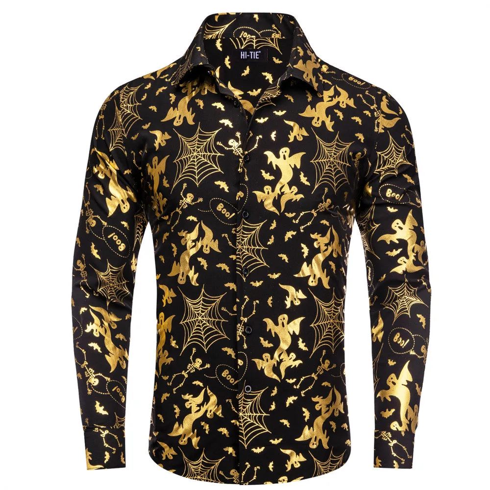 Hi-Tie Black Gold Ghosts Men Shirt Long Sleeve Shirt