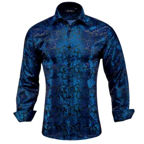 Hi-Tie Dark Blue Wedding Men's Top Black Paisley Button Down Shirt