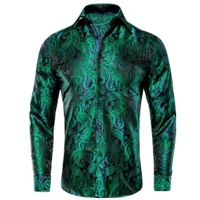 Hi-Tie Dark Green Shirt Blue Paisley Silk Top Men's Long Sleeve Shirt