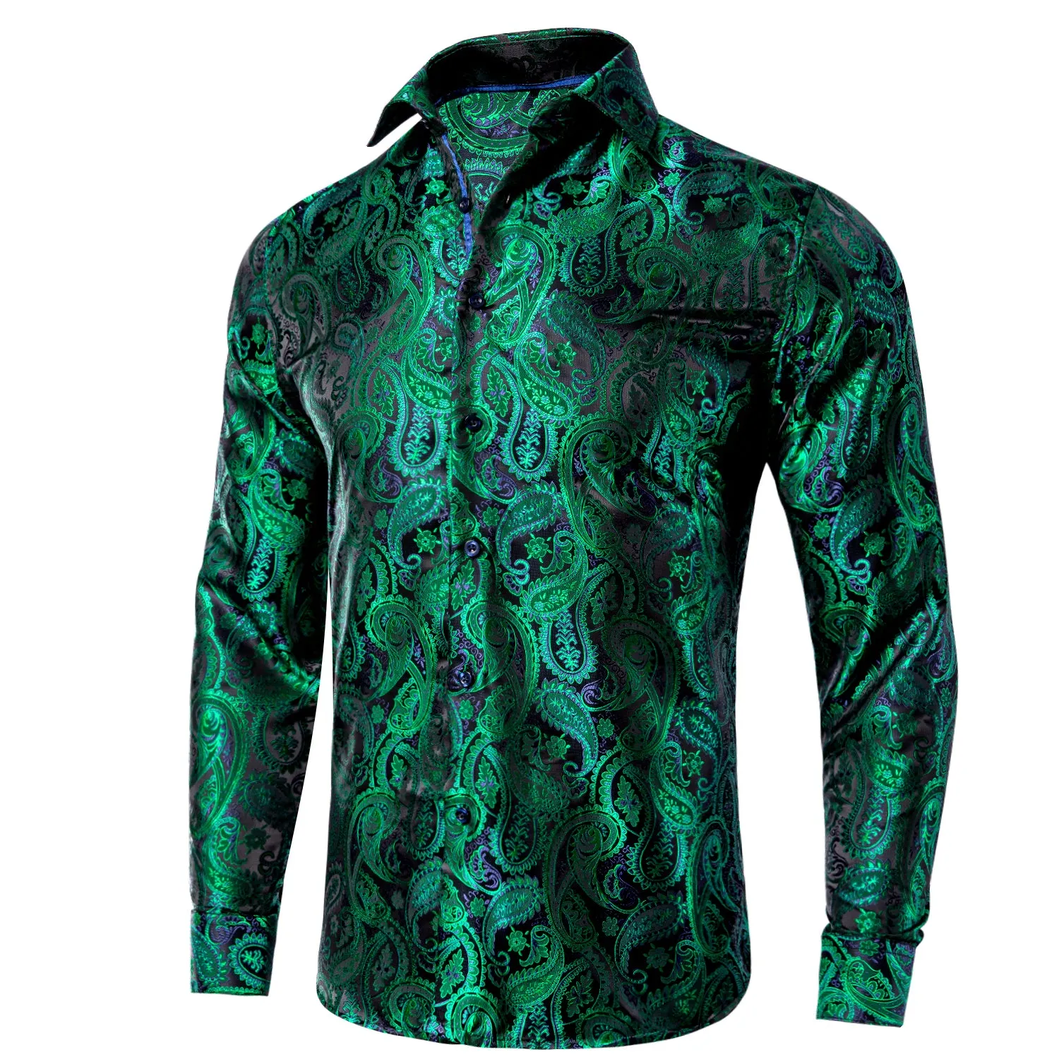 Hi-Tie Dark Green Shirt Blue Paisley Silk Top Men's Long Sleeve Shirt