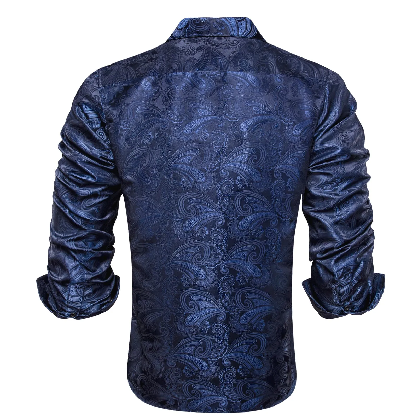 Hi-Tie Dark Midnight Blue Floral Pattern Silk Mens Long Sleeve Shirt