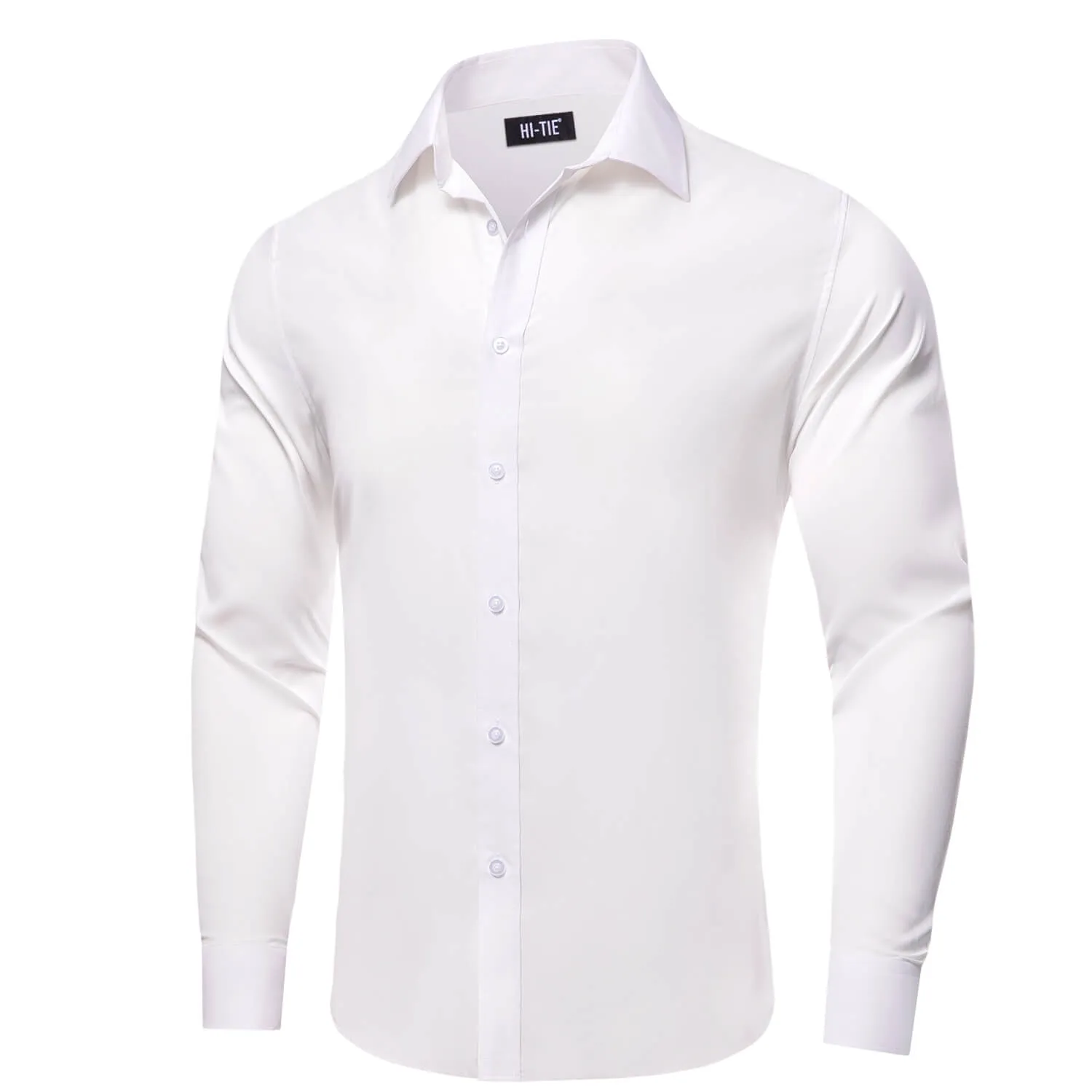 Hi-Tie Mens Dress Shirt White Solid Silk Button Down Shirt