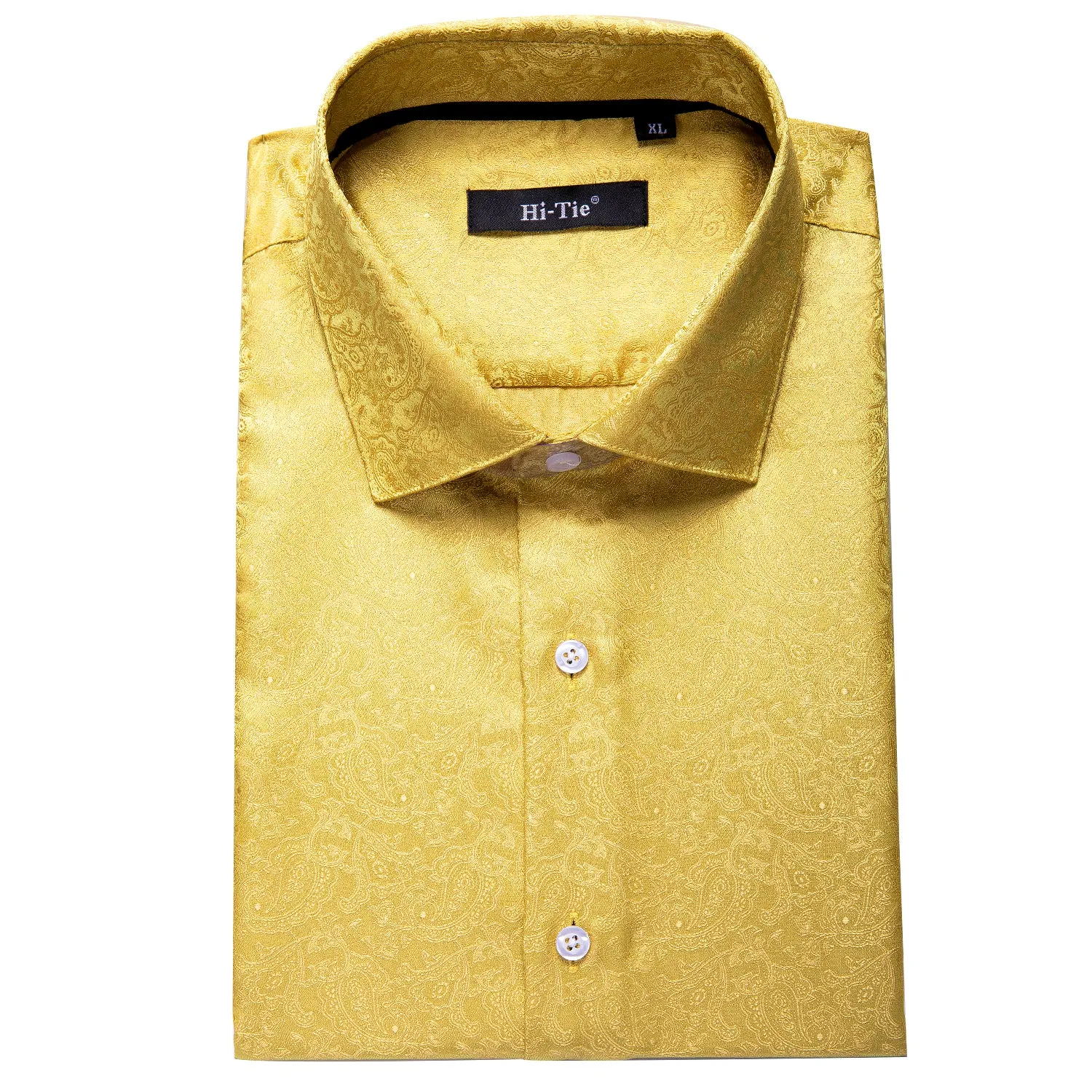 Hi-Tie Mustard Dress Shirt Yellow Golden Paisley Men Long Sleeve Shirt