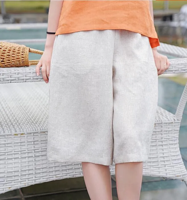 Khaki Short Summer Pants Loose Linen Wide Leg Women Casual Pants WG05131