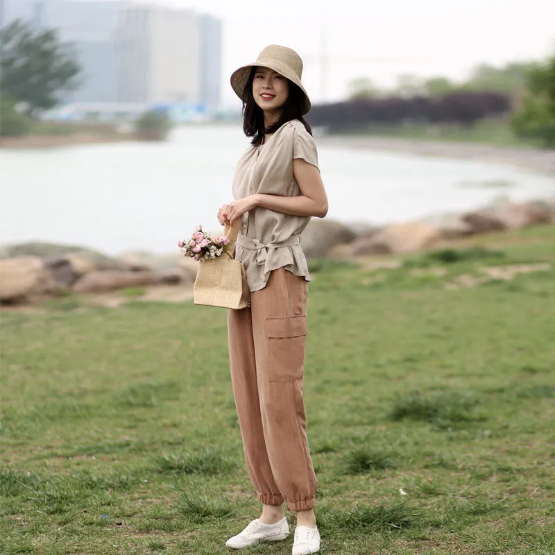 Khaki Women Casual Pants Side Pockets SXM97274