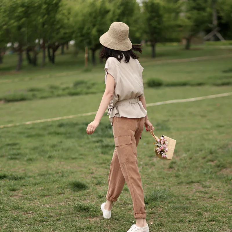 Khaki Women Casual Pants Side Pockets SXM97274