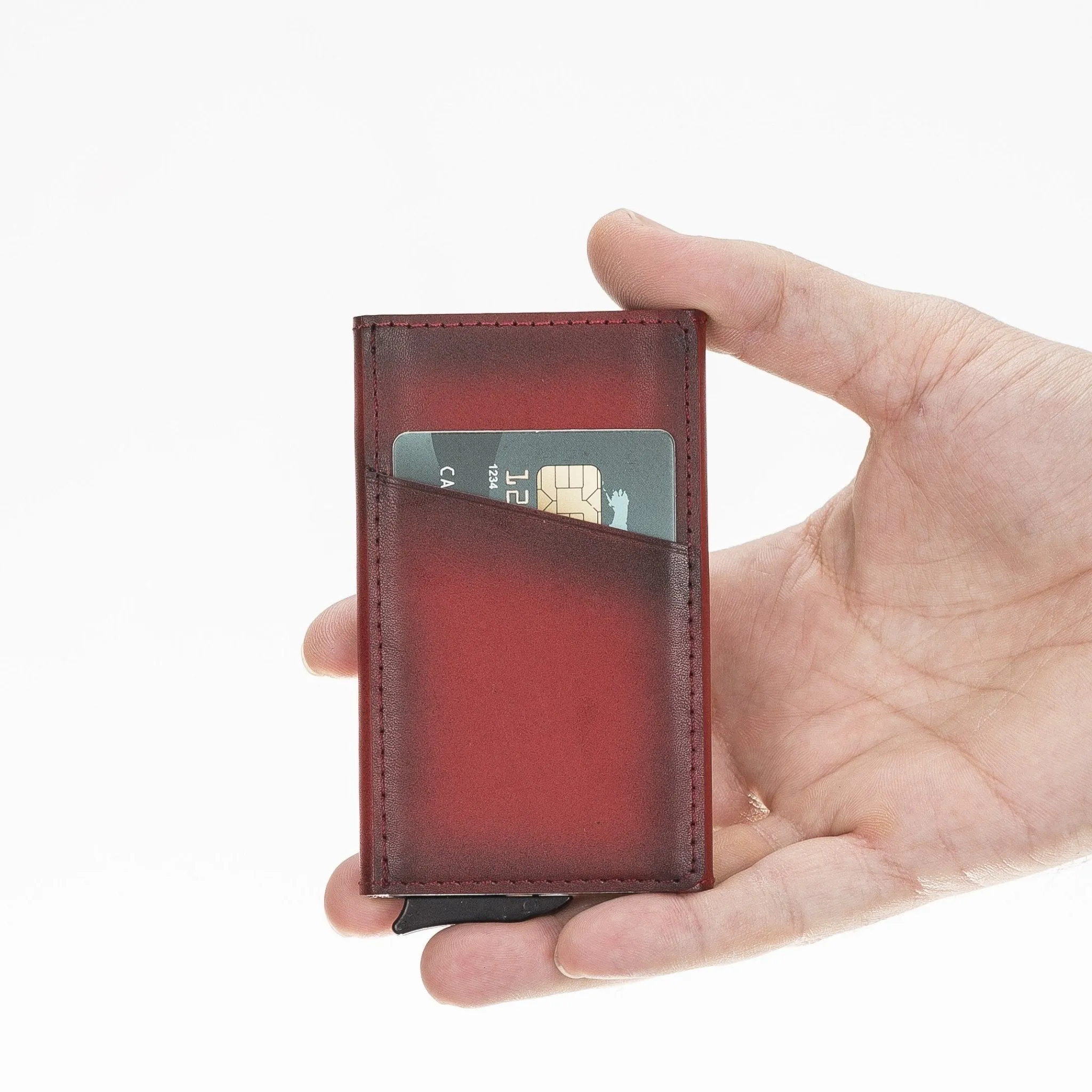 Leather Mechanical Pop Up Card Holder With RFID