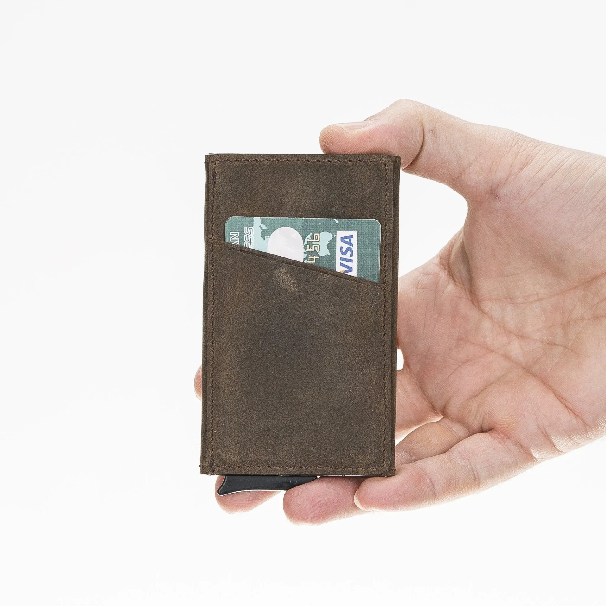 Leather Mechanical Pop Up Card Holder With RFID