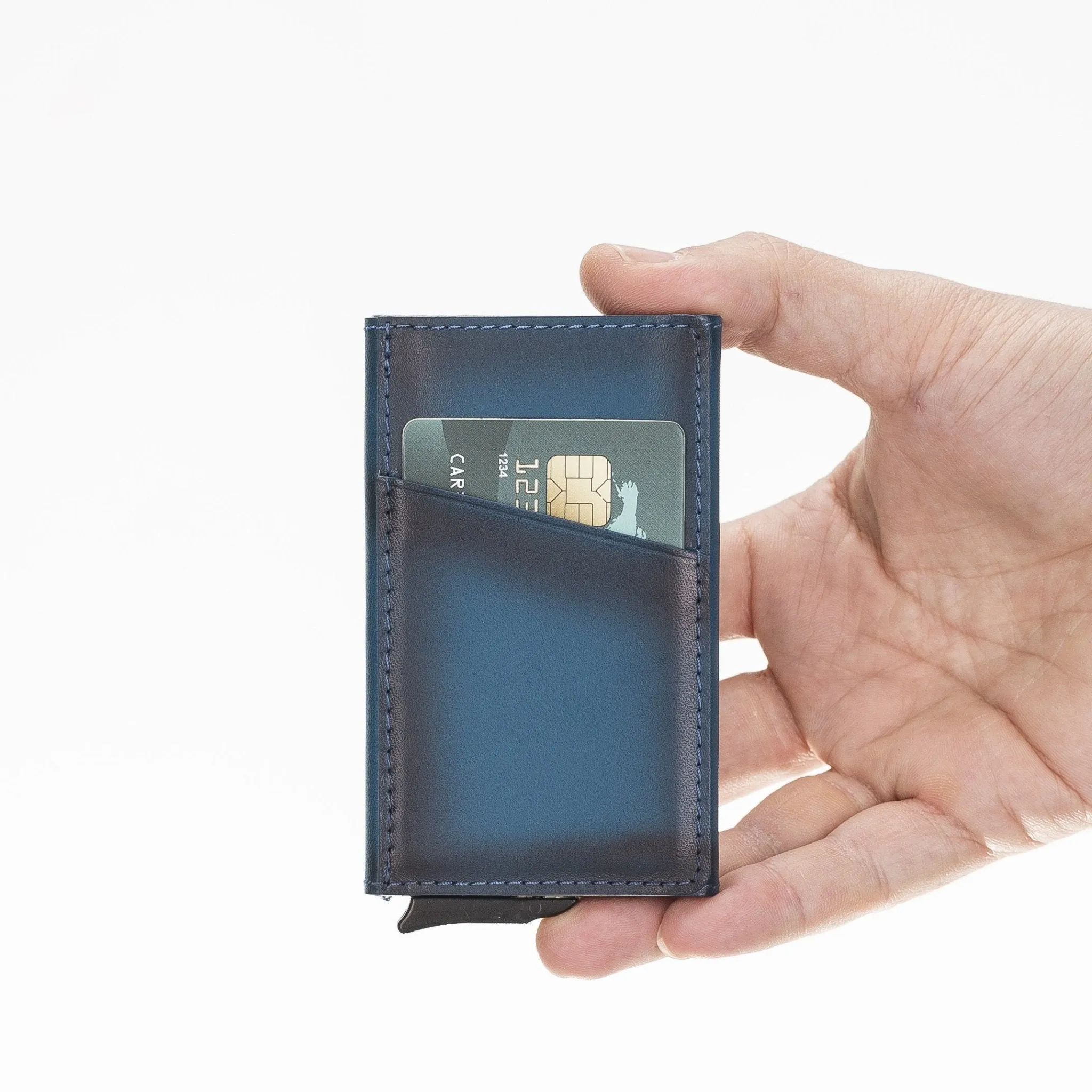 Leather Mechanical Pop Up Card Holder With RFID