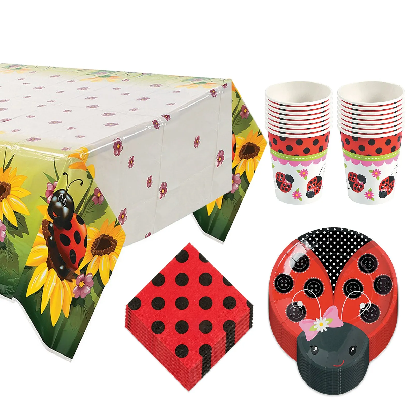 Little Ladybug Party Pack - Shaped Paper Dinner Plates, Polka Dot Beverage Napkins, Cups, and Table Cover Set (Serves 16)