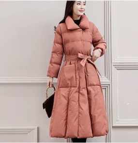 Long Winter Puffer Coat Thick Winter Waist Belt Women Down Coats 30214