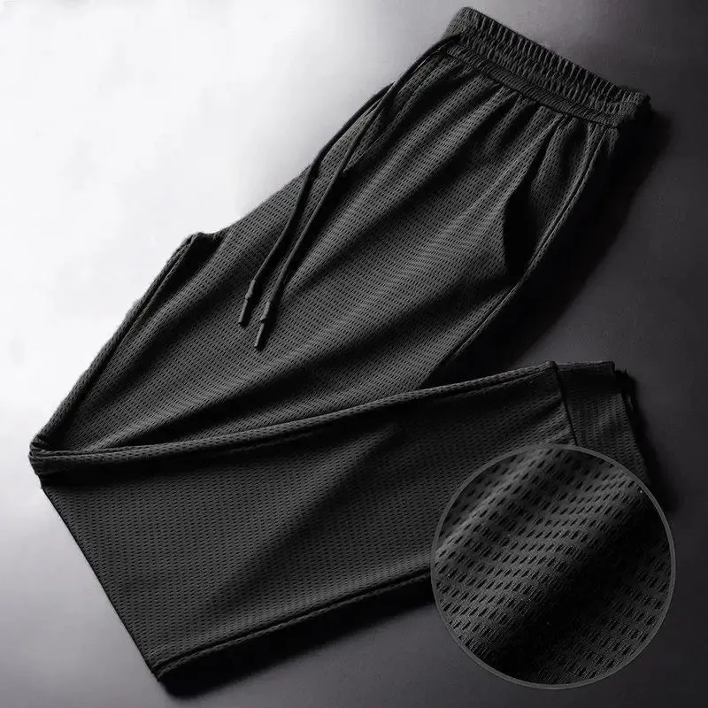 Men'S Ice Silk Pants Mesh Breathable Summer Casual Thin Quick Dry Pants Loose Elastic Beam Feet Pants Sports Fitness Trousers