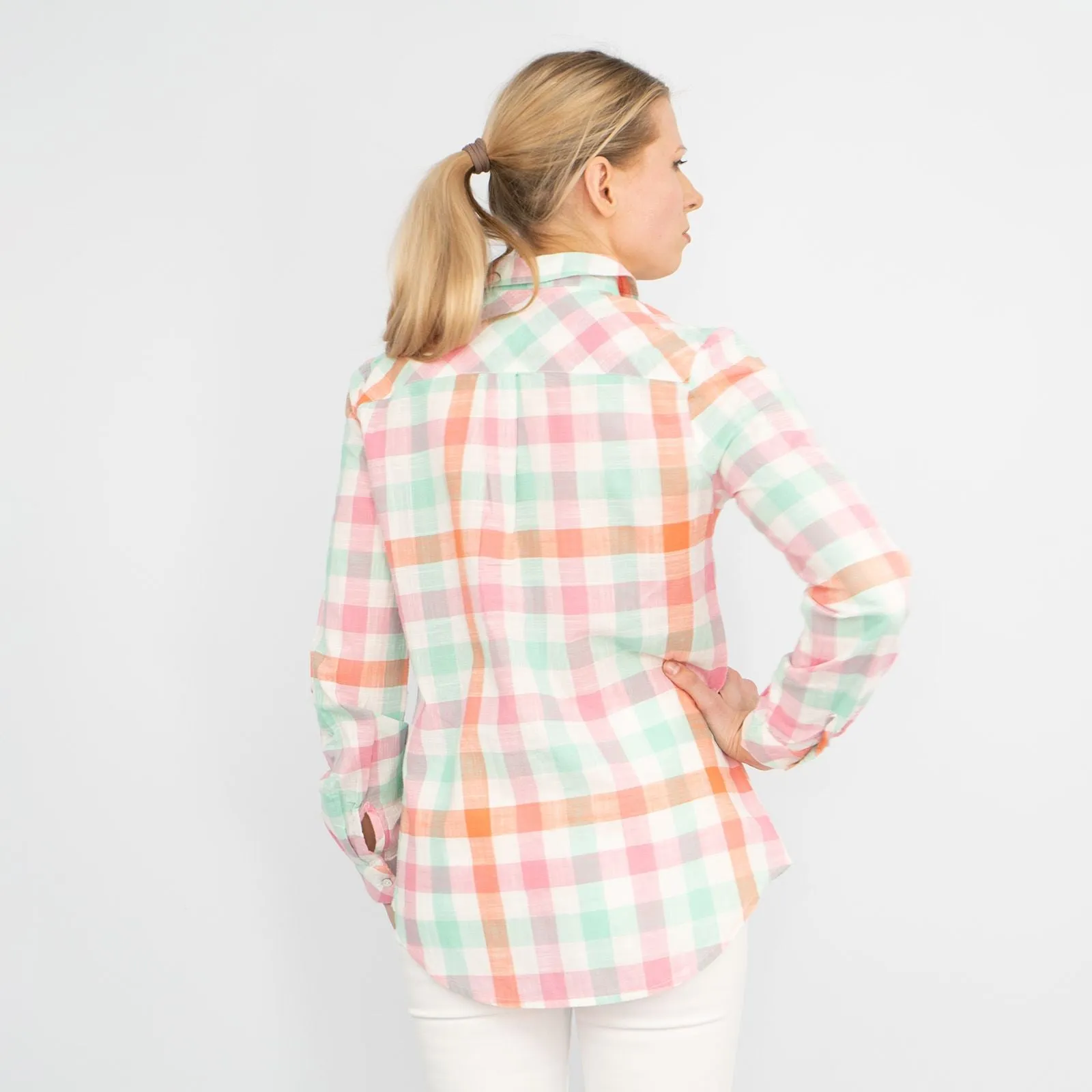 Pastel Check Long Sleeve Button-Up Women's Cotton Shirts