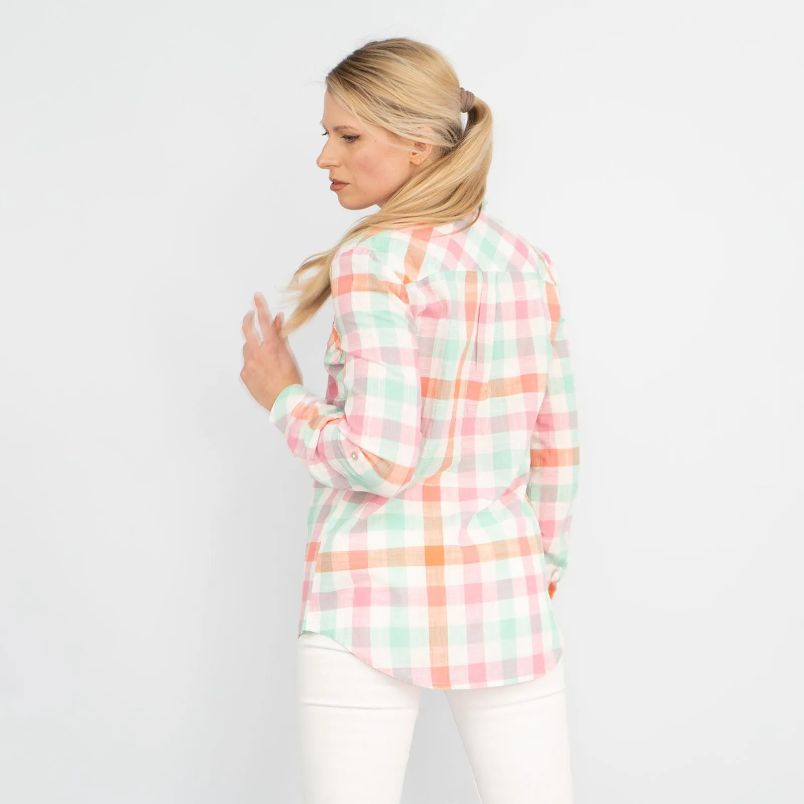 Pastel Check Long Sleeve Button-Up Women's Cotton Shirts