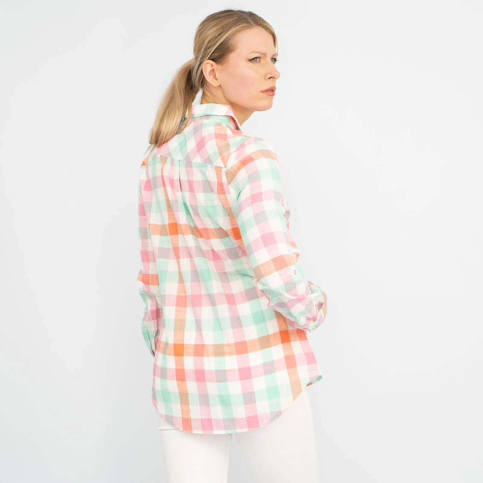 Pastel Check Long Sleeve Button-Up Women's Cotton Shirts