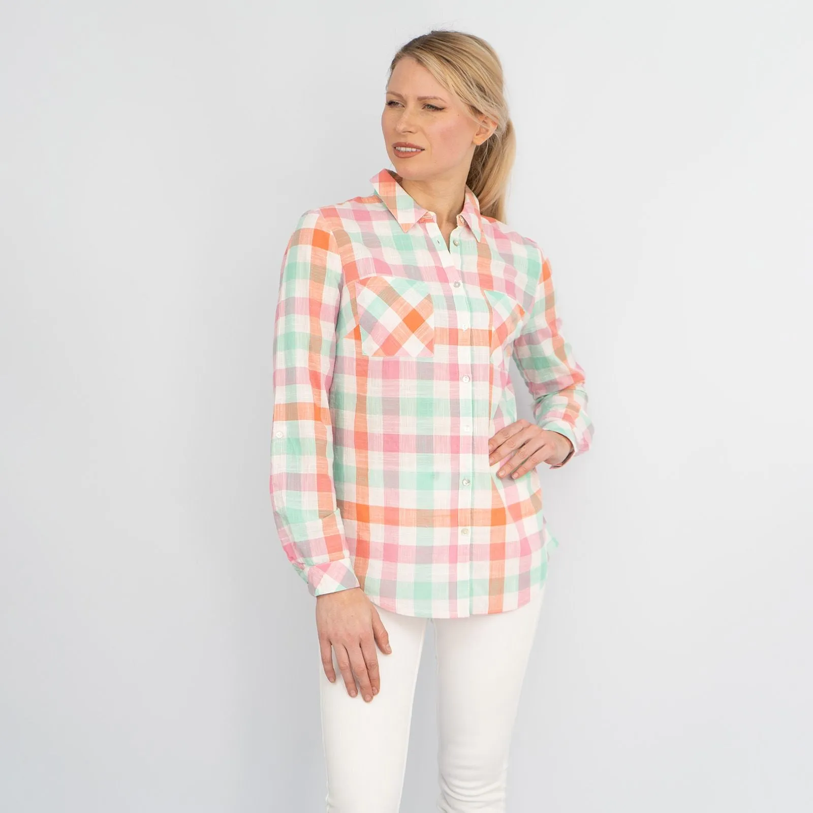 Pastel Check Long Sleeve Button-Up Women's Cotton Shirts