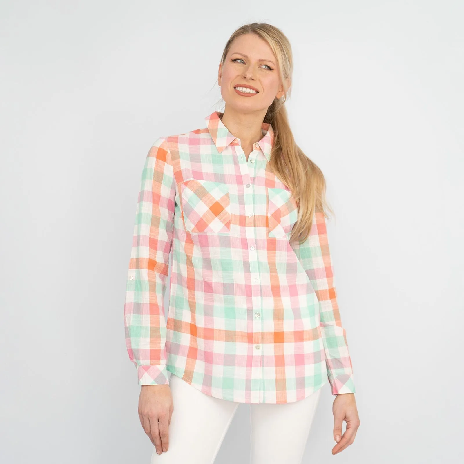 Pastel Check Long Sleeve Button-Up Women's Cotton Shirts