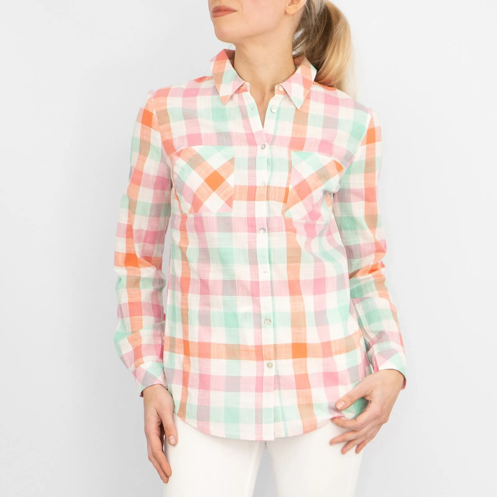 Pastel Check Long Sleeve Button-Up Women's Cotton Shirts