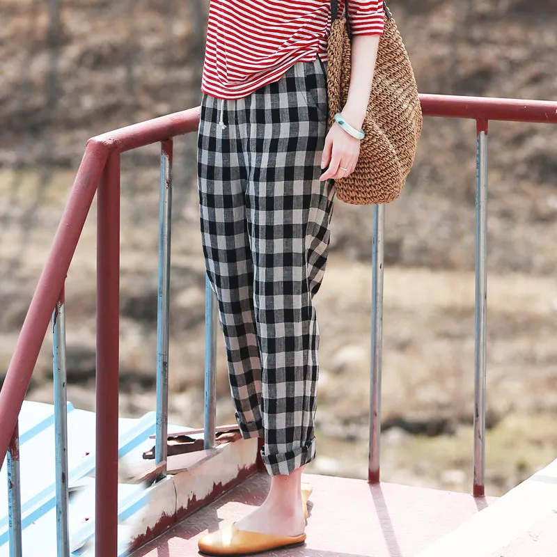 Plaid Linen Pants Summer Wide Legs Women Pants MDYP9763