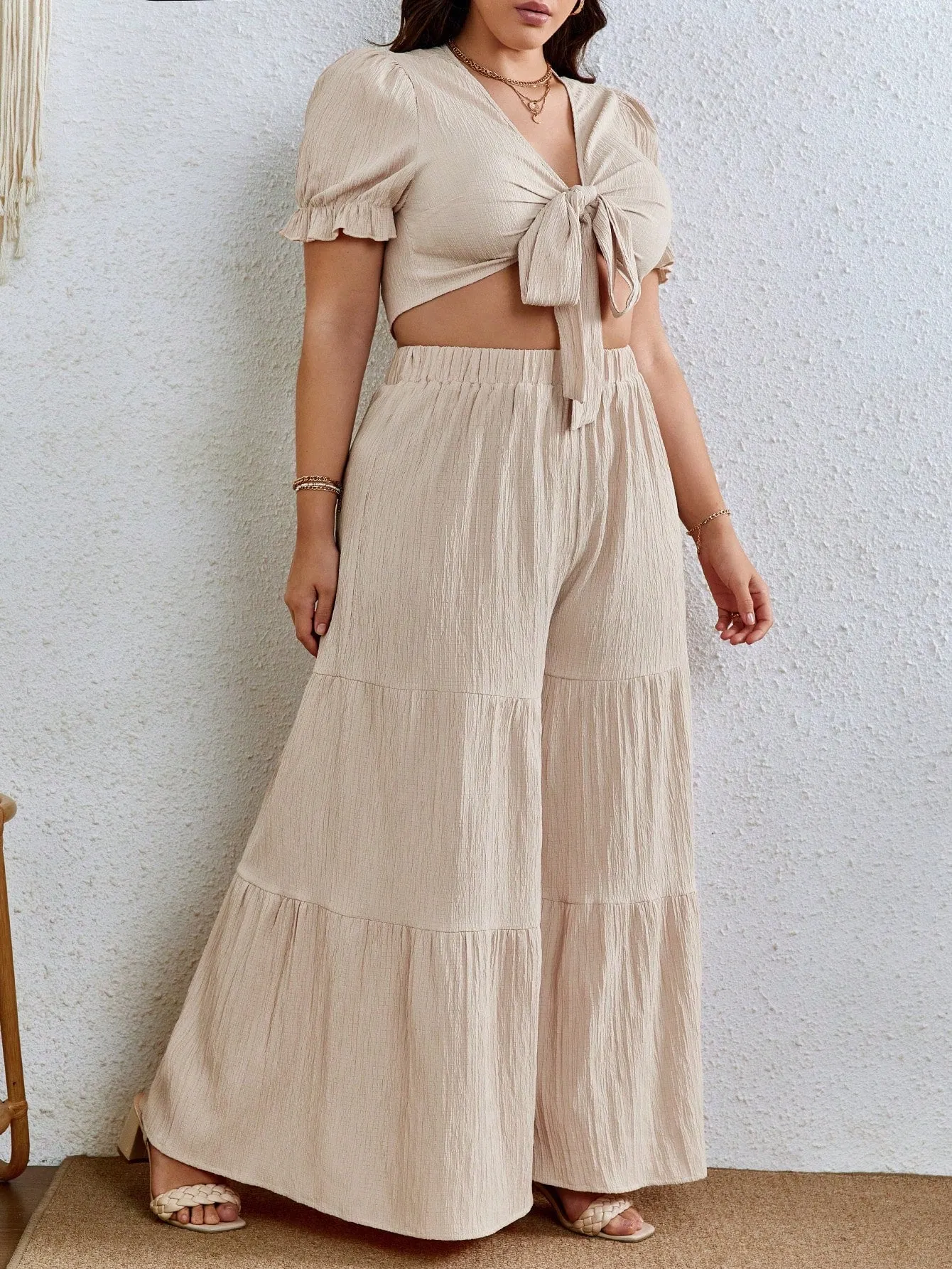 Plus Knot Front Crop Top Ruffle Hem Wide Leg Pants