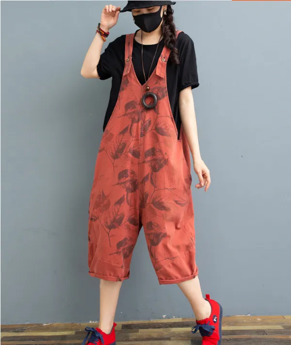 Red Denim Casual Spring Denim Overall Loose  Women Jumpsuits QYCQ05121