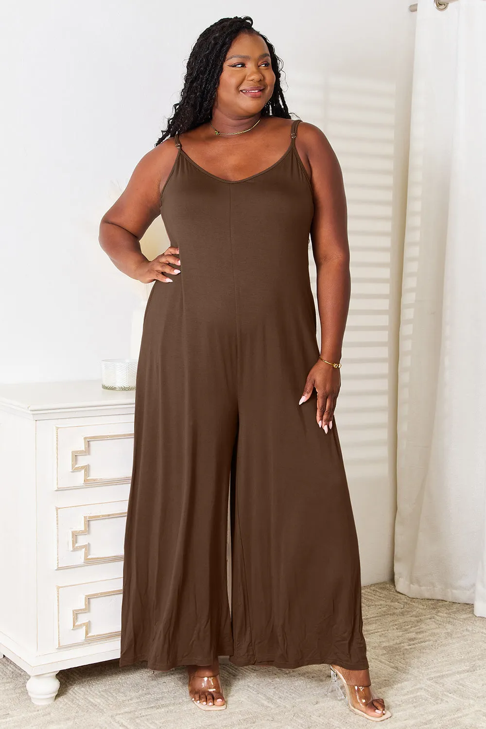 Soft Rayon Spaghetti Strap Tied Wide Leg Jumpsuit