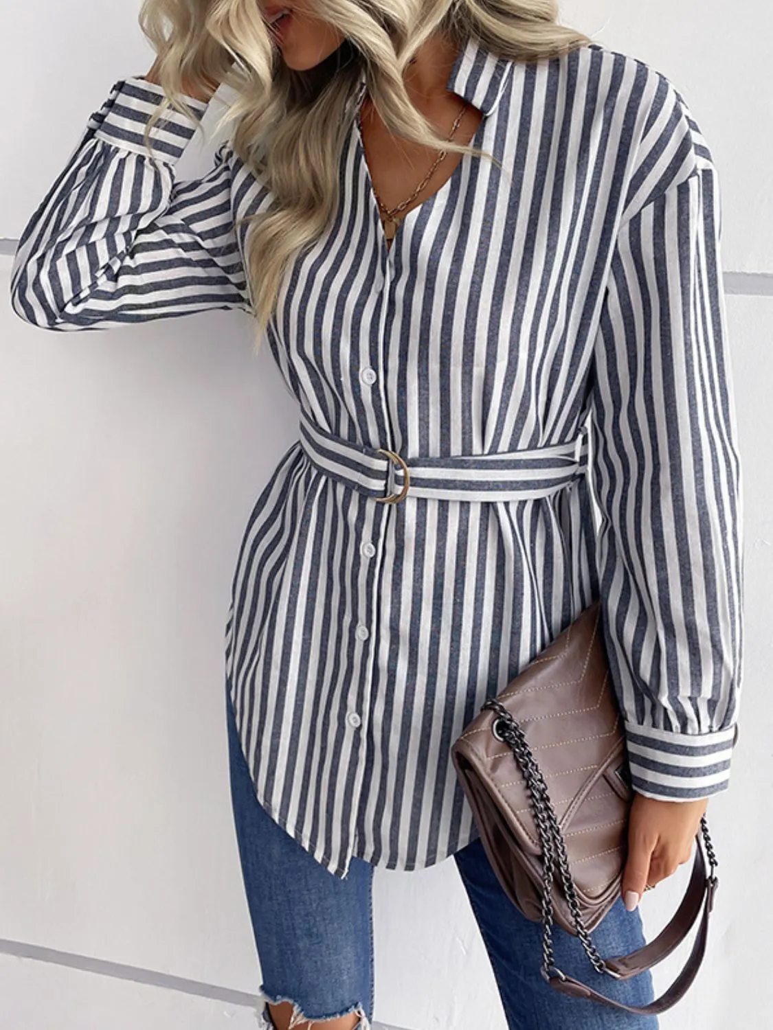 Striped Curved Hem Belted Shirt