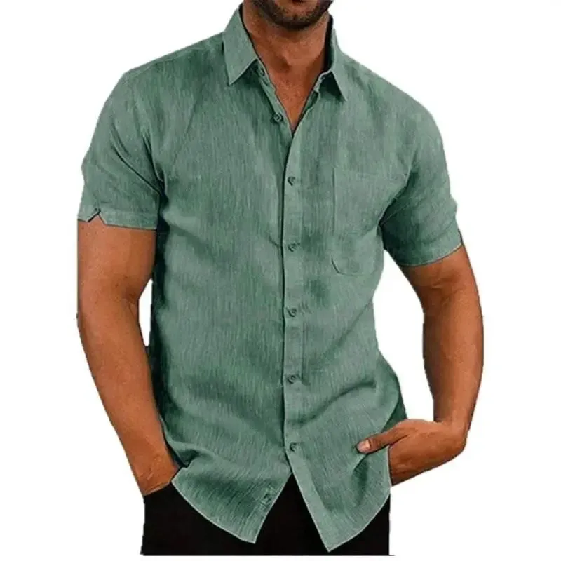 Summer Men's Short Sleeve Shirt Fashion Solid Color Linen Cotton Breathable Leisure Lapel Button T-shirt Business Casual Shirt