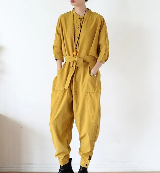 Waist Belt Loose Cotton Women Casual Jumpsuits PZ97251