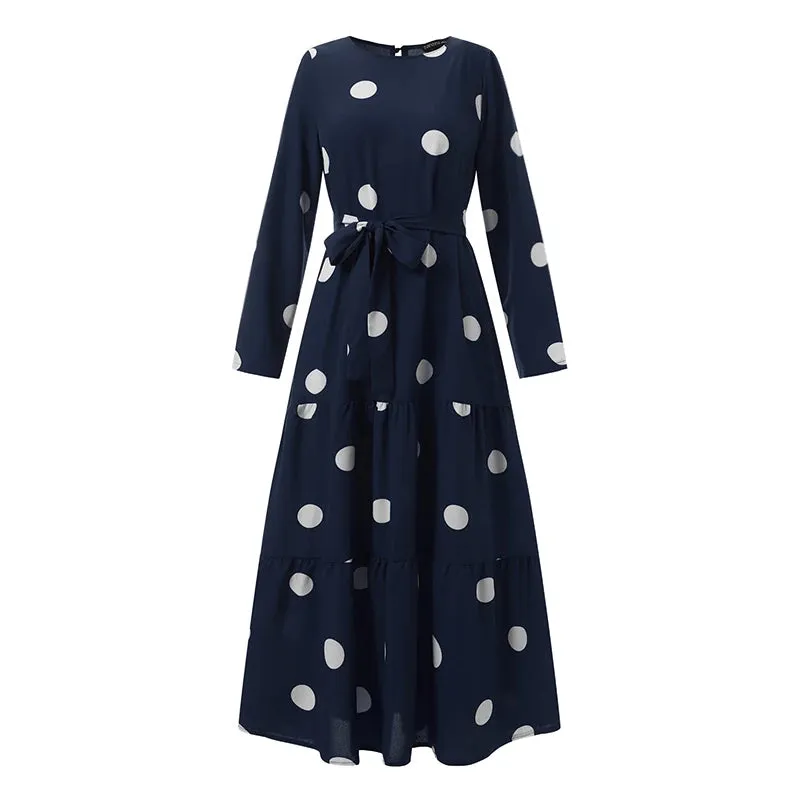 Women's Vintage Polka Dot Abaya Dress - Modest Maxi Hijab Sundress | Dubai Turkey Islamic Clothing