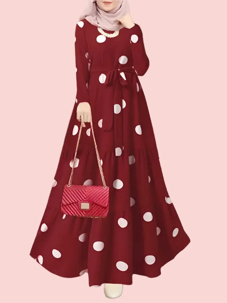 Women's Vintage Polka Dot Abaya Dress - Modest Maxi Hijab Sundress | Dubai Turkey Islamic Clothing